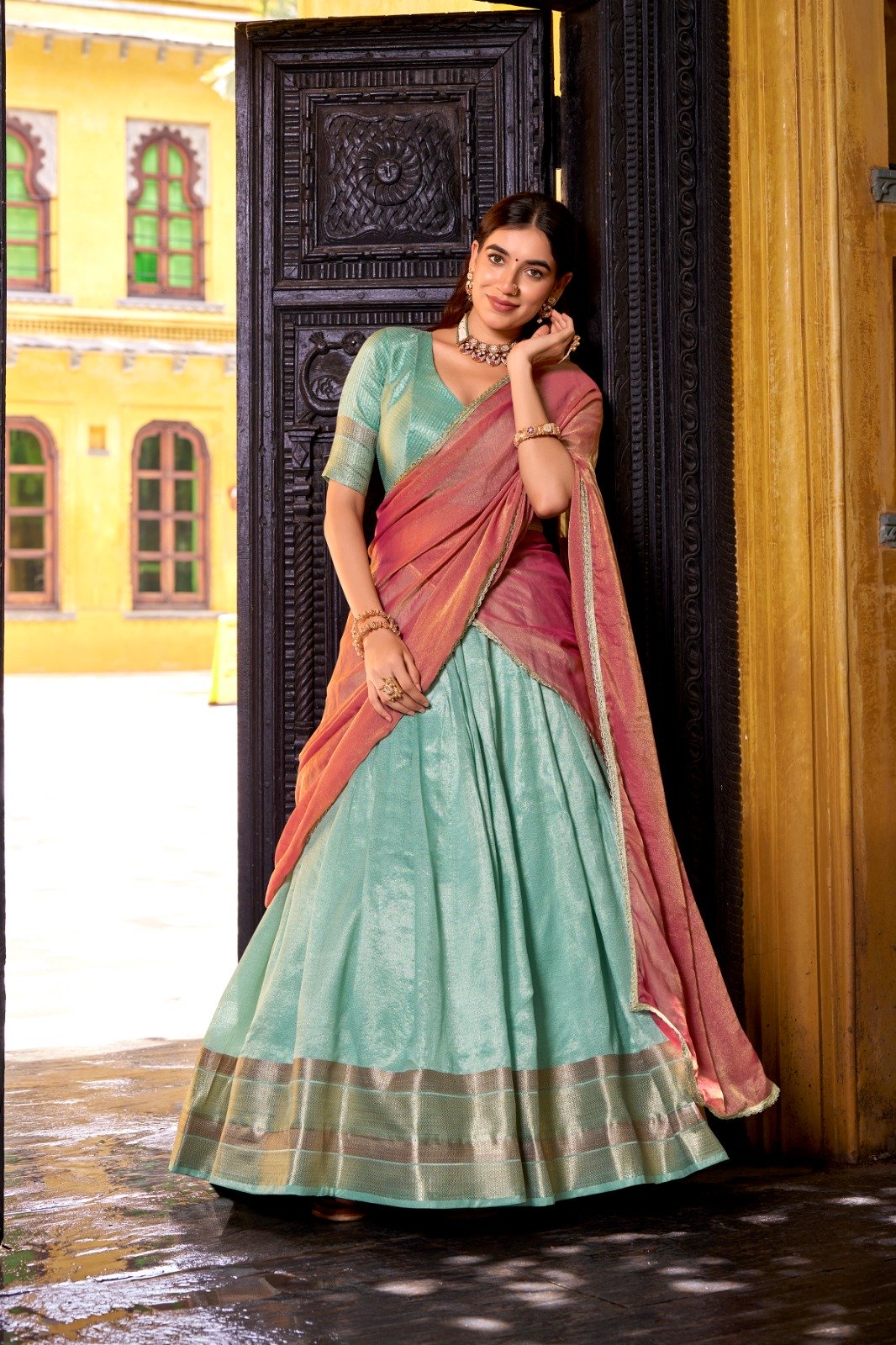 Sky Blue Dupion Silk Lace Zari Work Lehenga Choli
