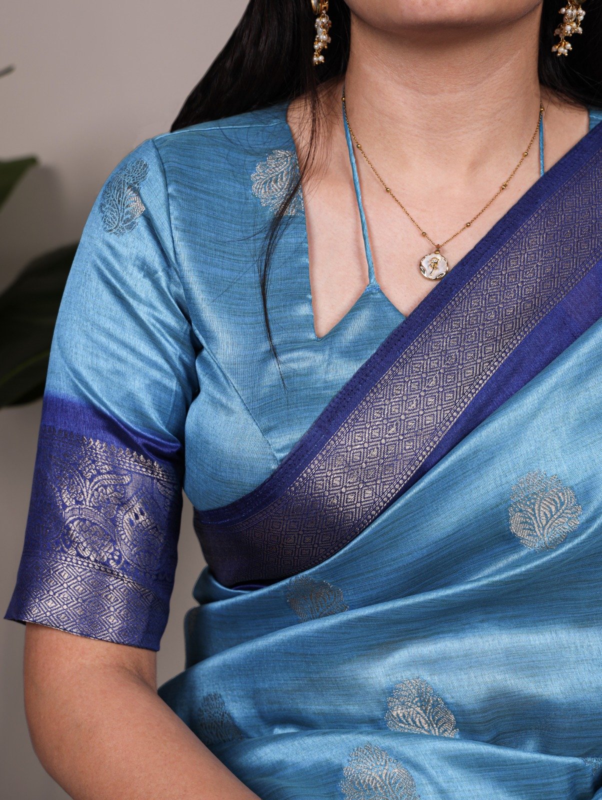 Sky Blue Rumali Silk Zari Work Saree - Image 3