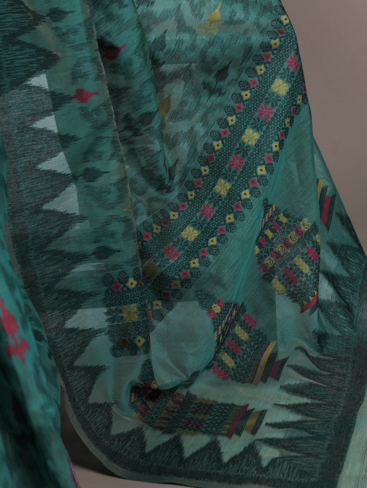 Teal Poly Cotton Thread Weaving Work Saree - Image 3