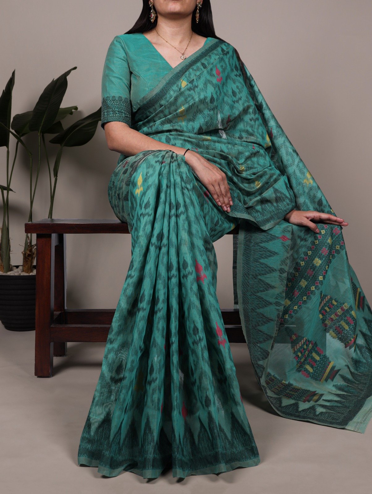 Teal Poly Cotton Thread Weaving Work Saree