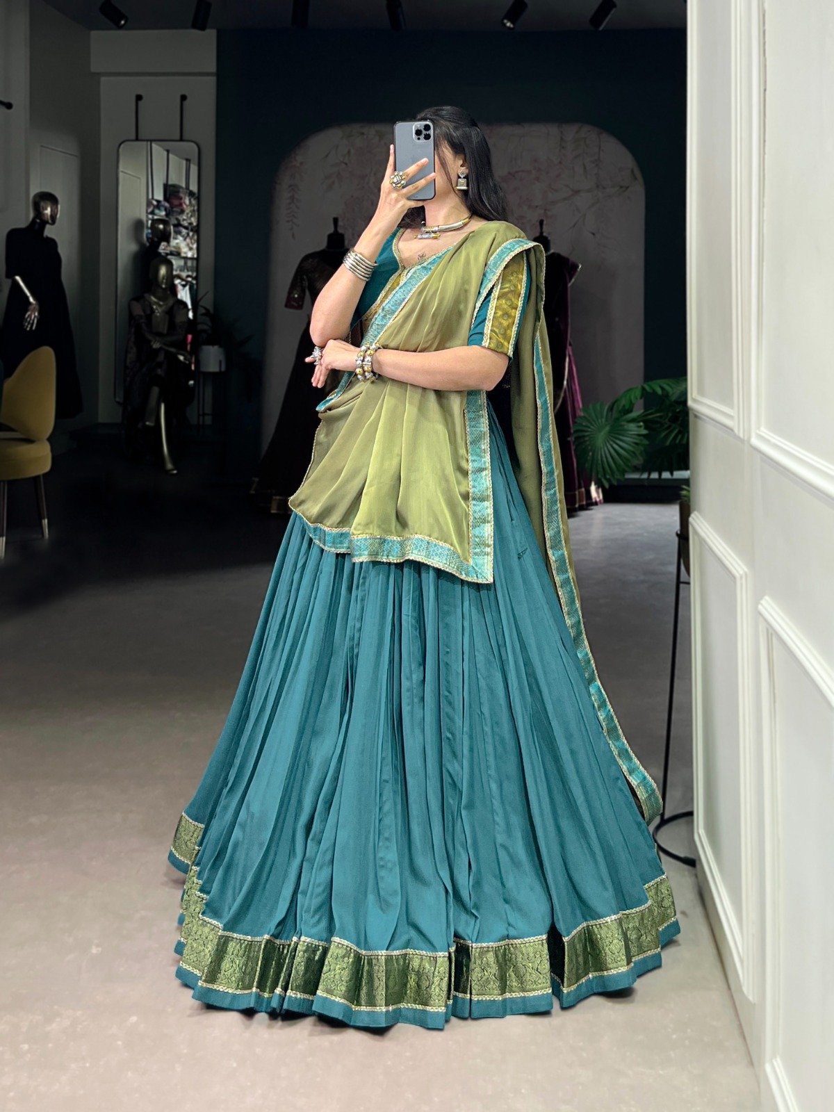 Teal Pure Rayon Zari Lace Work Lehenga Choli - Image 4