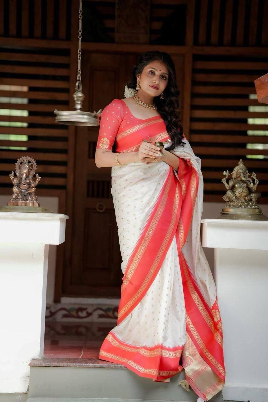 White Lichi Silk Lace Work Saree - Image 2