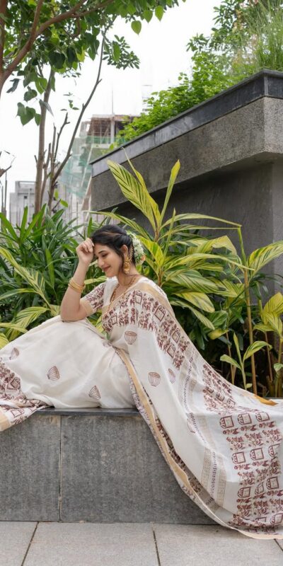 White Soft Linen Cotton With Digital Print Saree