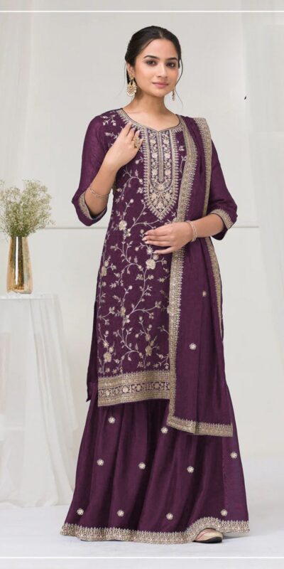 Wine Blooming Vichitra Embroidery Work Salwar Suit