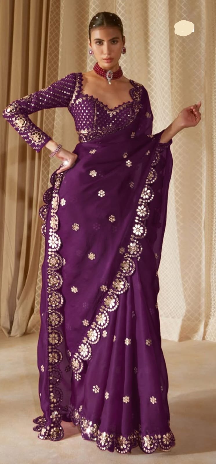 Wine Georgette Mirror Sequence Work Saree