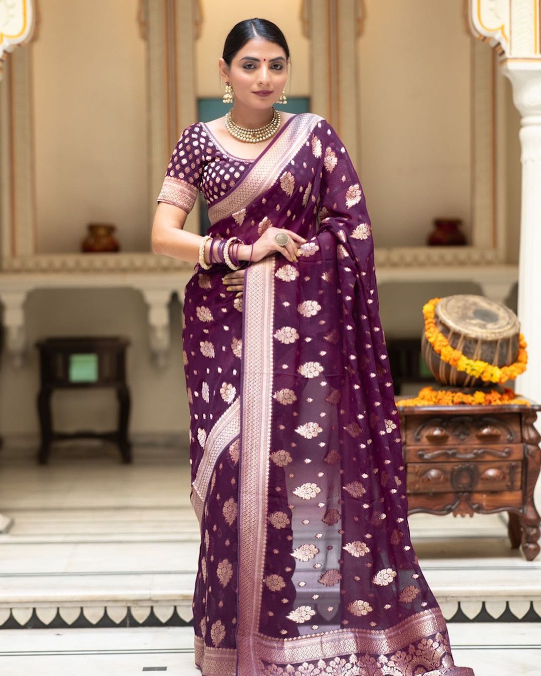 Wine Soft Lichi Silk Jacquard Work Saree