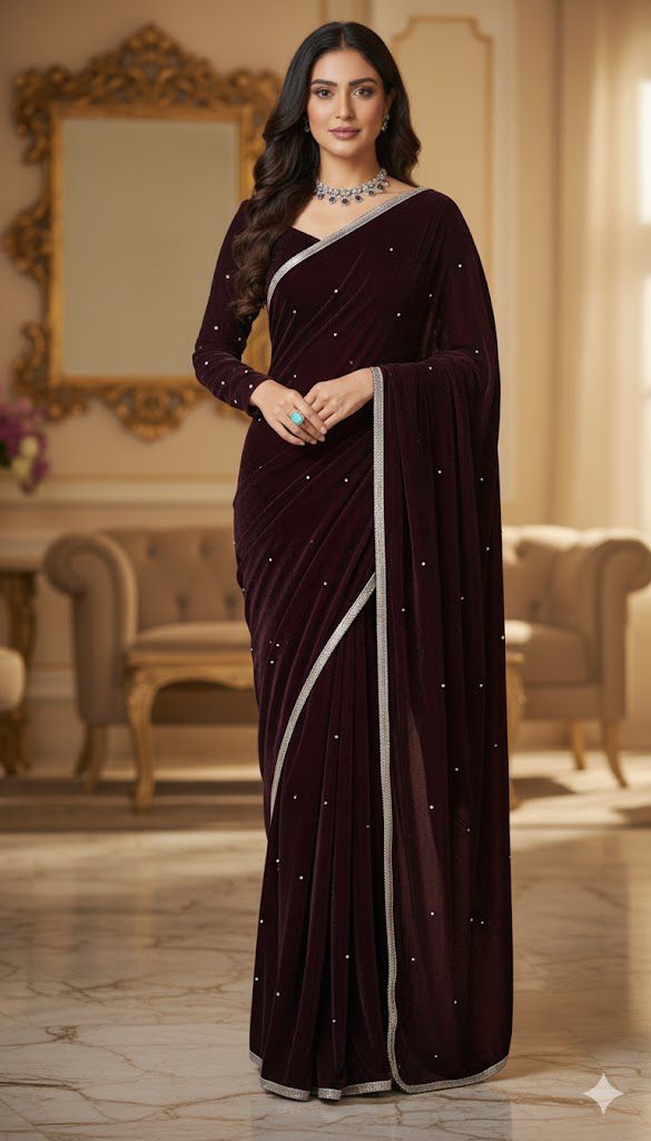 Wine Velvet 9000 Revert Machine Pearl Work Saree - Image 3