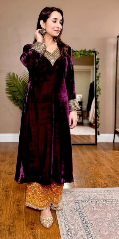 Wine Velvet Mirror Embroidery Work Salwar Suit
