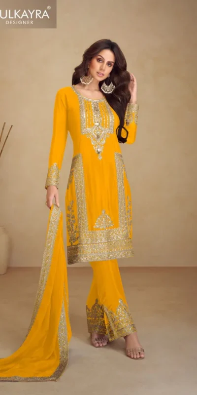 Yellow Chinon Multi Embroidery Work Salwar Suit