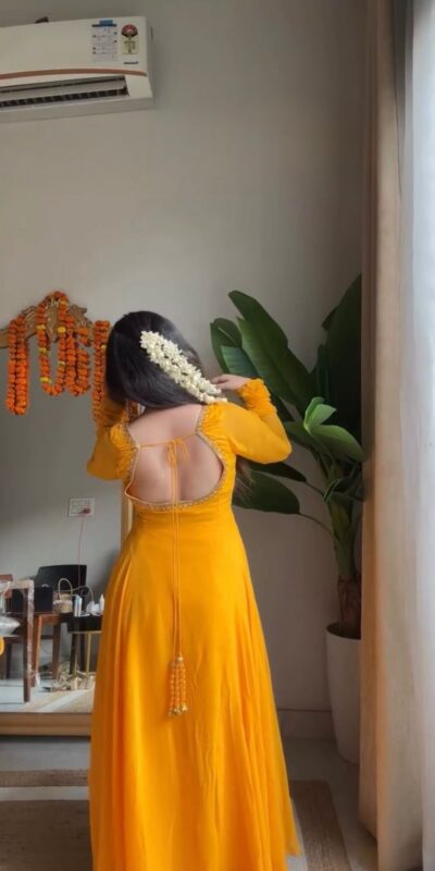 RTC 5935 Yellow Faux Georgette Gown with Lace Work. Wedding, Party, Festive, Events Exclusive Offer ₹2049. Delivery 4-6 Working Days. Shop now. | Gowns, Bollywood Gowns, Creative Gowns, Designer Gowns, Embroidered Gowns, Party Wear Gowns