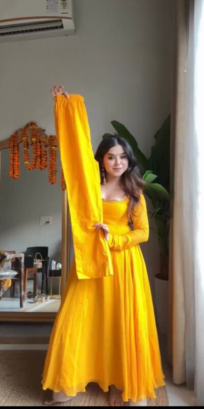 RTC 5935 Yellow Faux Georgette Gown with Lace Work. Wedding, Party, Festive, Events Exclusive Offer ₹2049. Delivery 4-6 Working Days. Shop now. | Gowns, Bollywood Gowns, Creative Gowns, Designer Gowns, Embroidered Gowns, Party Wear Gowns