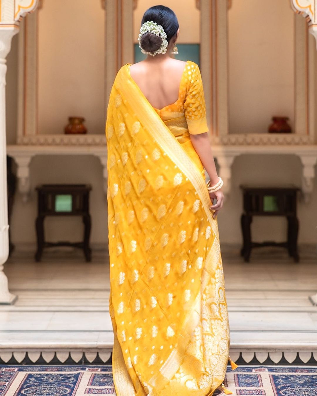 Yellow Soft Lichi Silk Jacquard Work Saree - Image 2