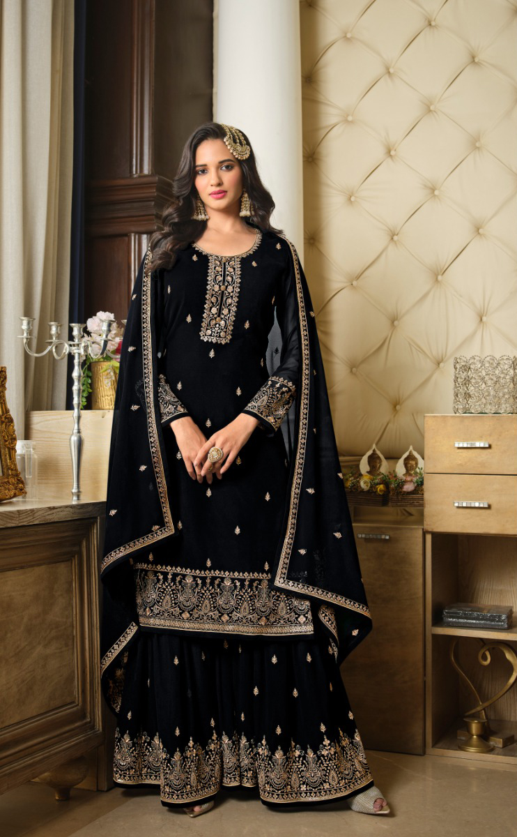 Black Georgette Embroidery Sequence Sharara Suit