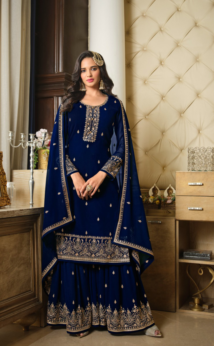 Blue Georgette Embroidery Sequence Sharara Suit
