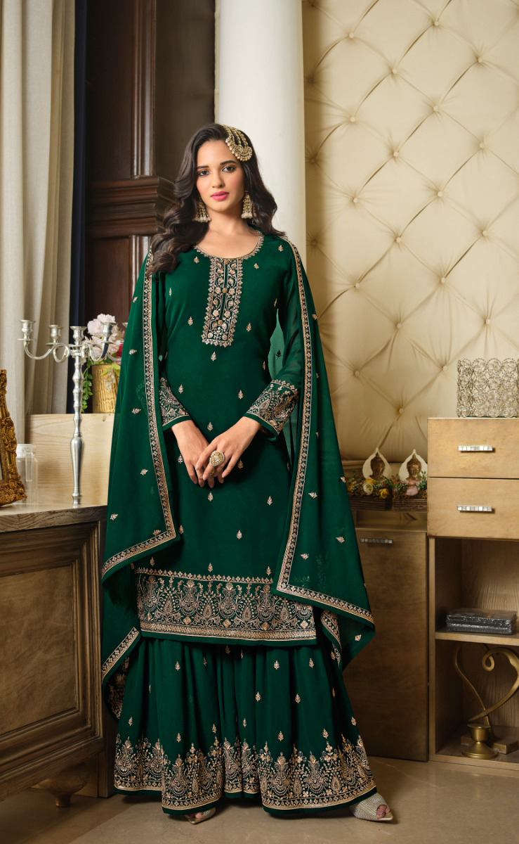 Green Georgette Embroidery Sequence Sharara Suit