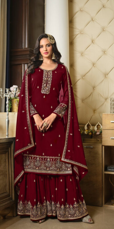 Maroon Georgette Embroidery Sequence Sharara Suit