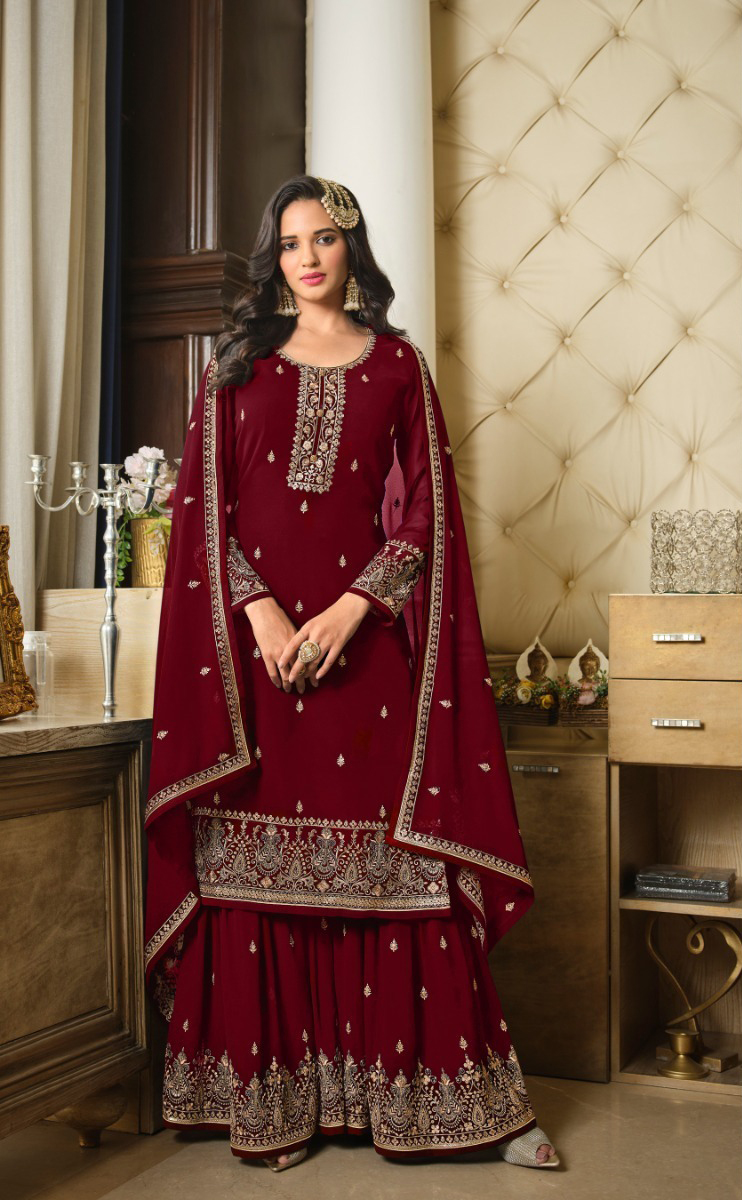 Maroon Georgette Embroidery Sequence Sharara Suit