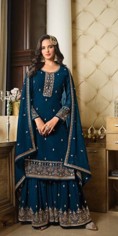 Peacock Blue Georgette Embroidery Sequence Sharara Suit