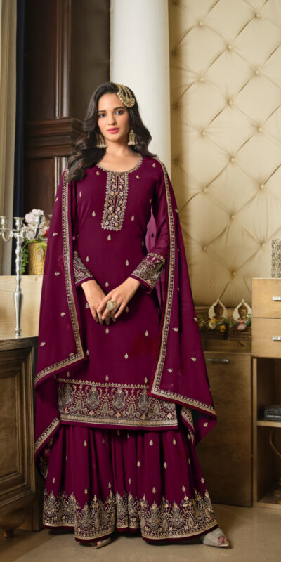 Purple Georgette Embroidery Sequence Sharara Suit