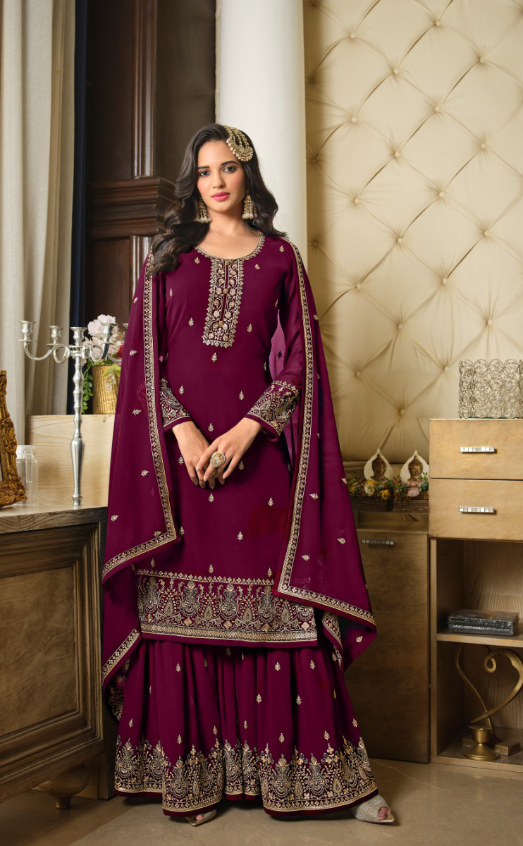 Purple Georgette Embroidery Sequence Sharara Suit