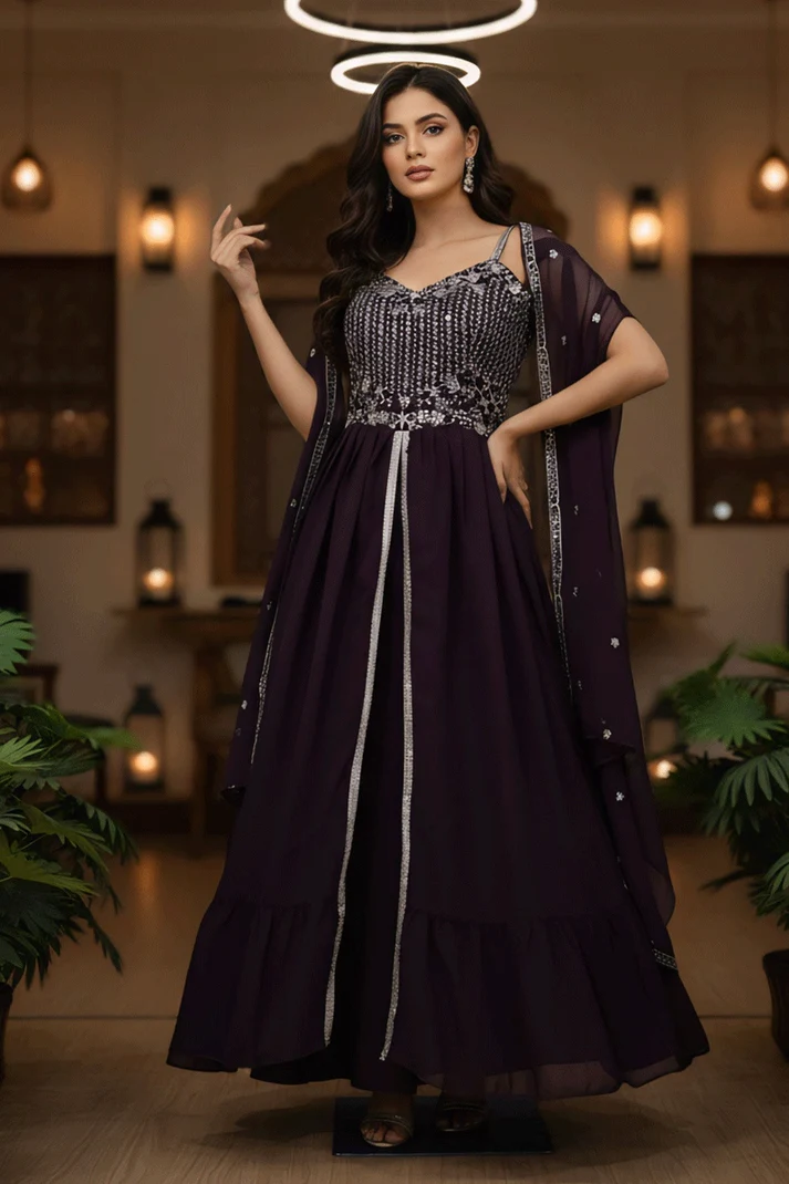 Wine Faux Georgette Embroidery Lace Work Lehenga Choli