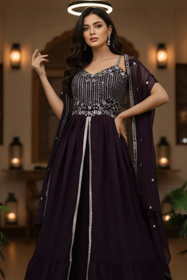 Wine Faux Georgette Embroidery Lace Work Lehenga Choli - Image 2