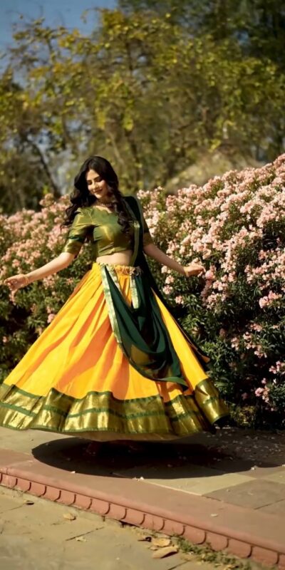 Mustard Kanchipuram Zari Weaving Lehenga Choli