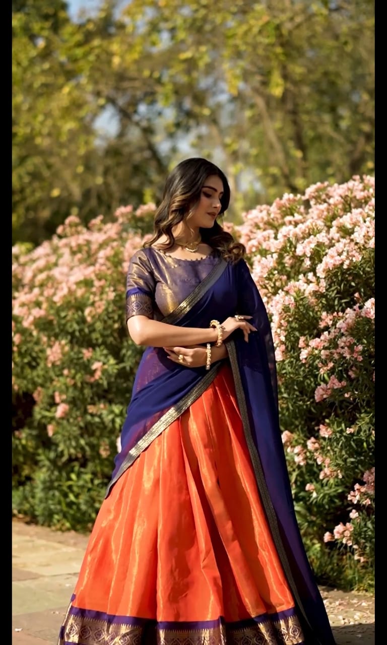 Orange Kanchipuram Zari Weaving Lehenga Choli