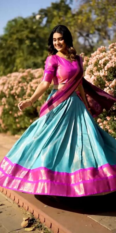 See Blue Kanchipuram Zari Weaving Lehenga Choli