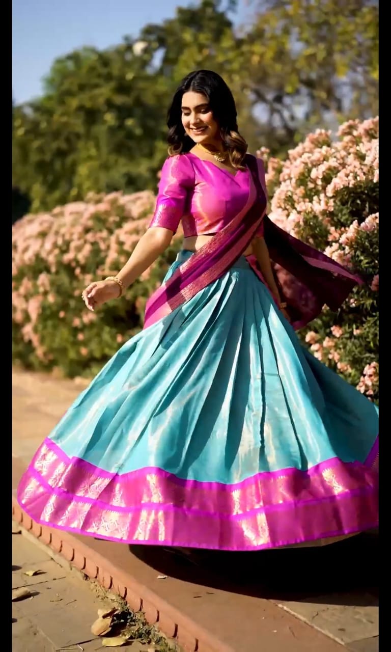 See Blue Kanchipuram Zari Weaving Lehenga Choli