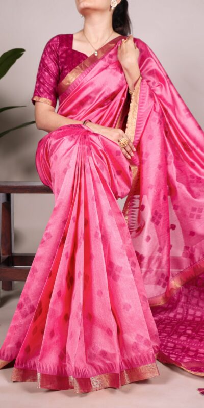 Pink Jacquard Silk Patola Print With Zari Saree