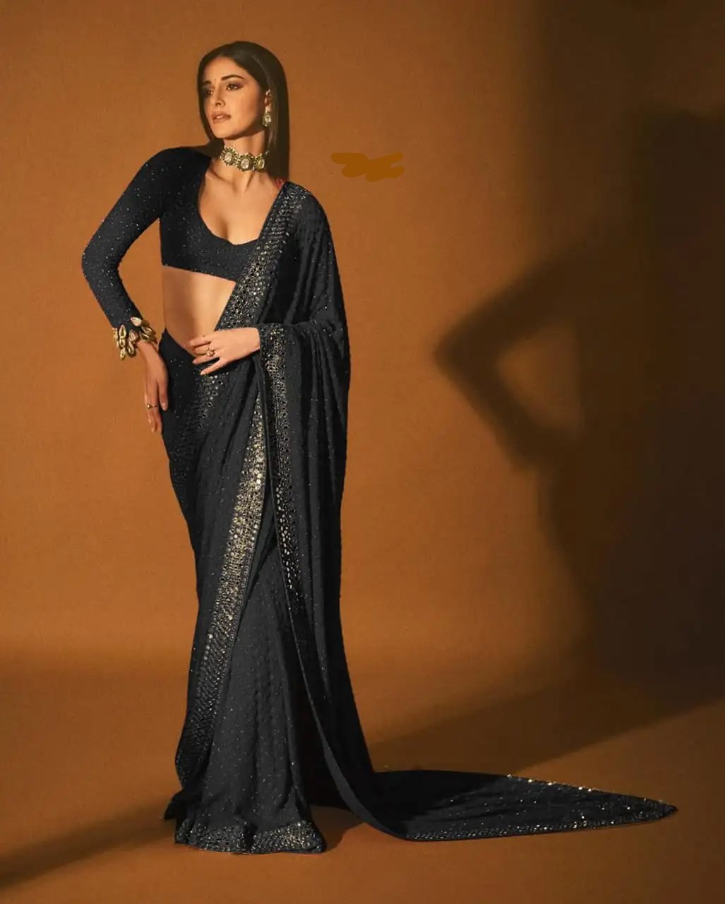 Black Faux Georgette Embroidery Mirror Work Saree