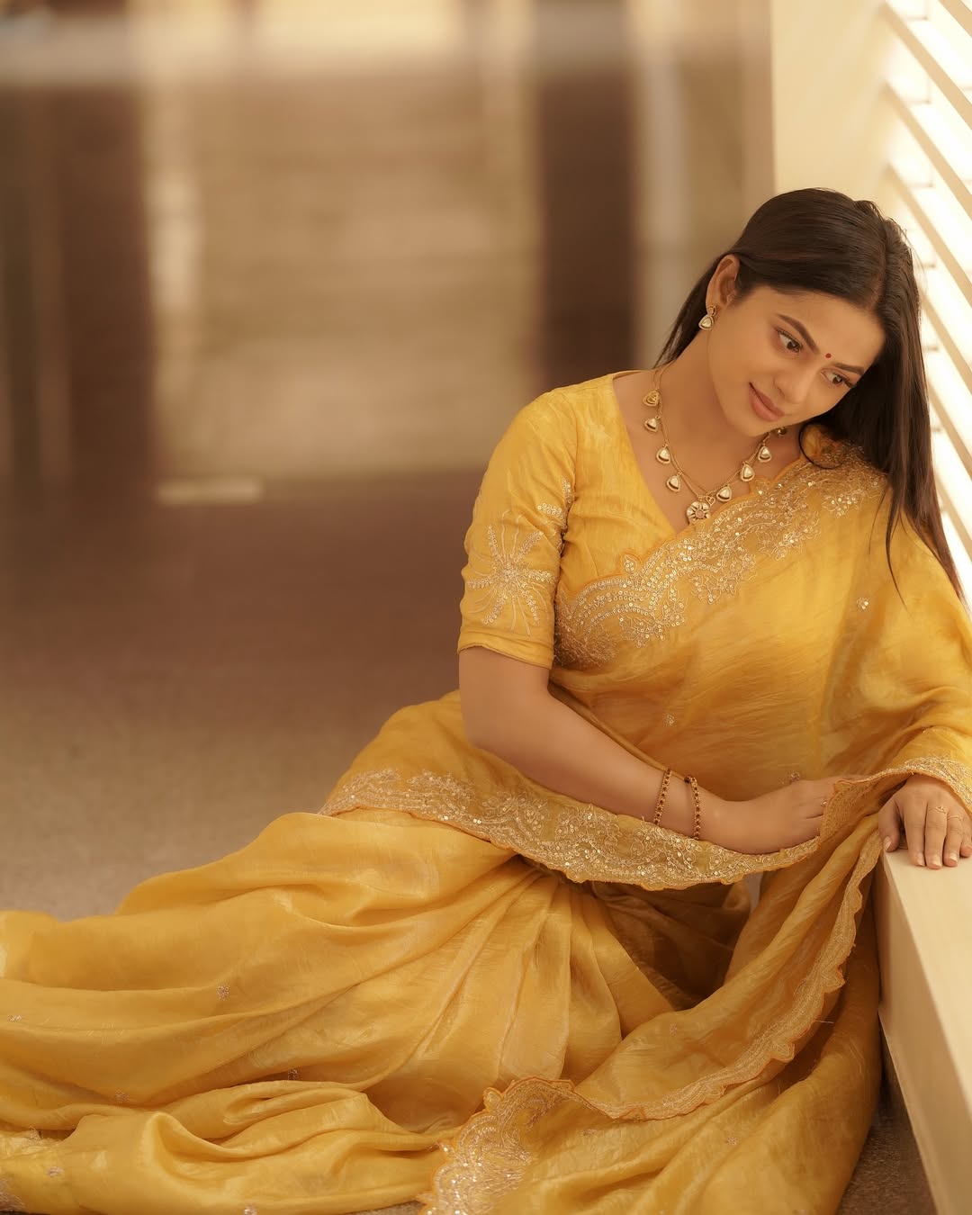 Yellow Soft Gold Crush Embroidery Work Saree - Image 2