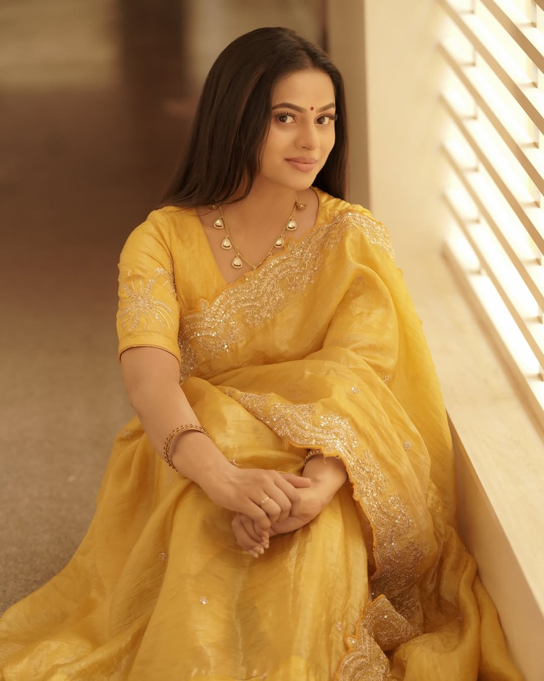 Yellow Soft Gold Crush Embroidery Work Saree - Image 5