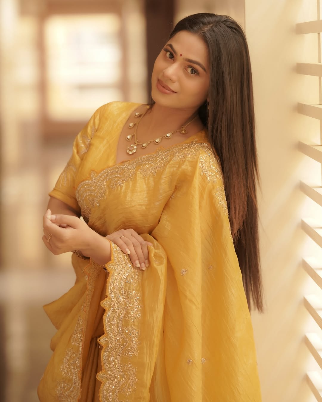 Yellow Soft Gold Crush Embroidery Work Saree - Image 6