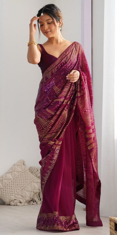 Wine Georgette Sequence Lace Work Saree