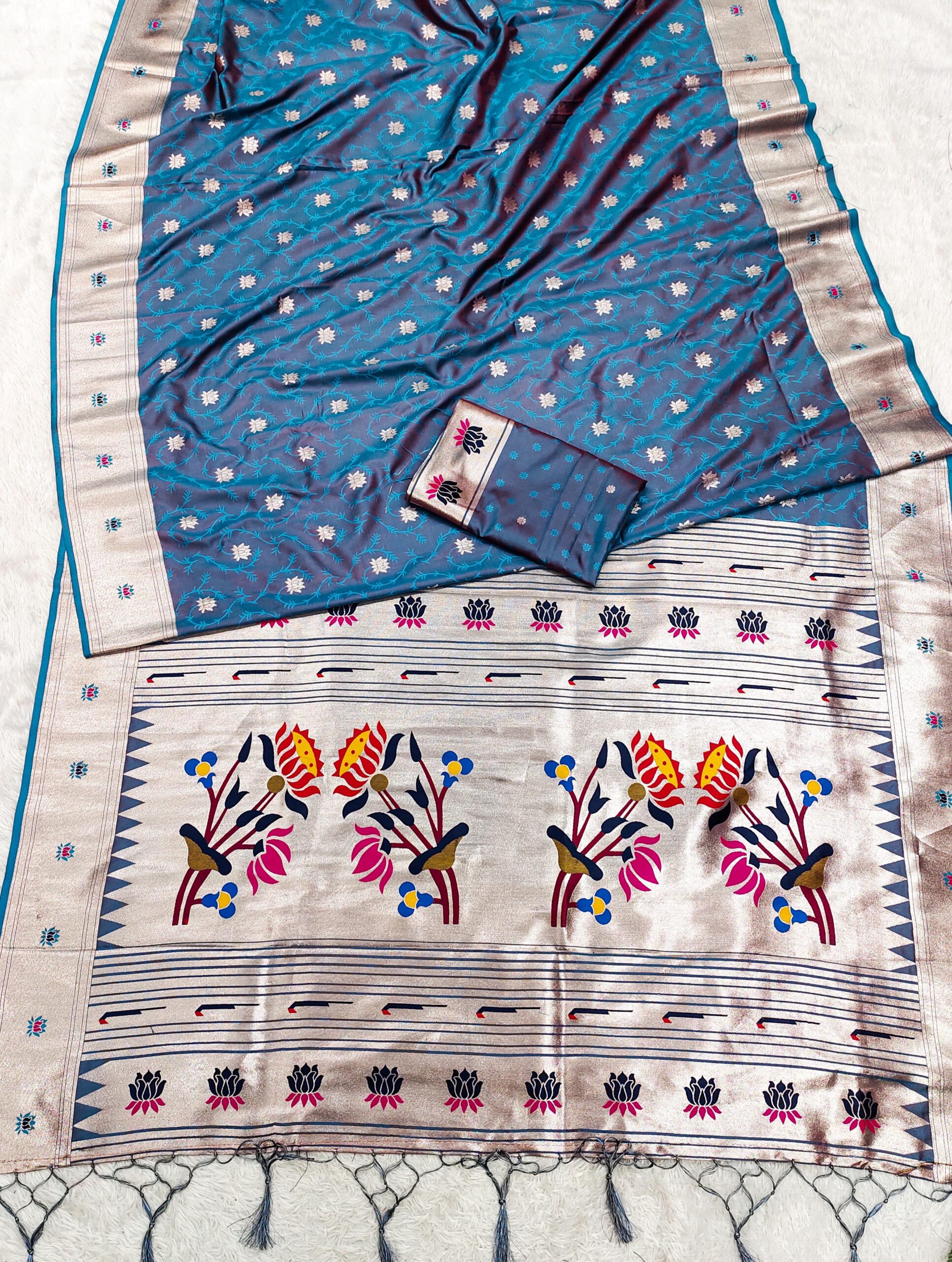 Teal Paithani Silk Lace Zari Work Saree