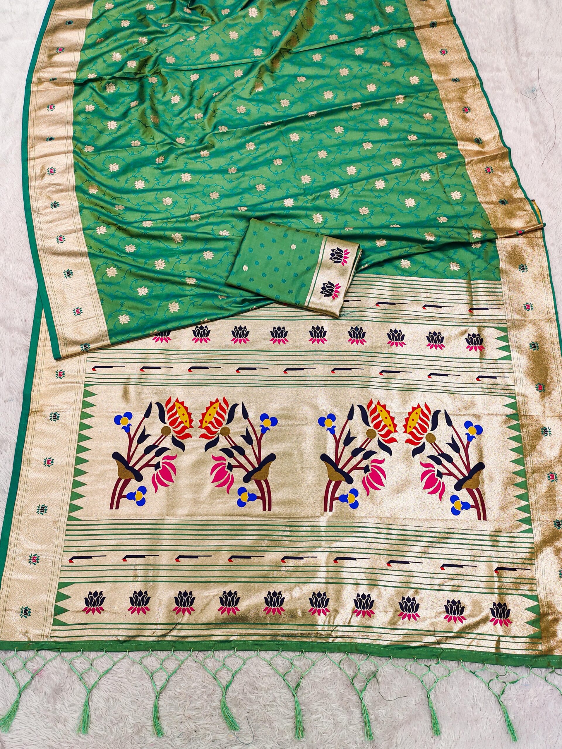 Parrot Green Paithani Silk Lace Zari Work Saree