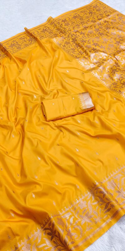 Yellow Banarasi Silk Zari Weaving Lace Work Saree