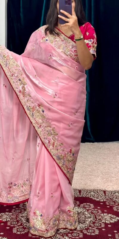 Pink Organza Silk Embroidery Cut Work Saree