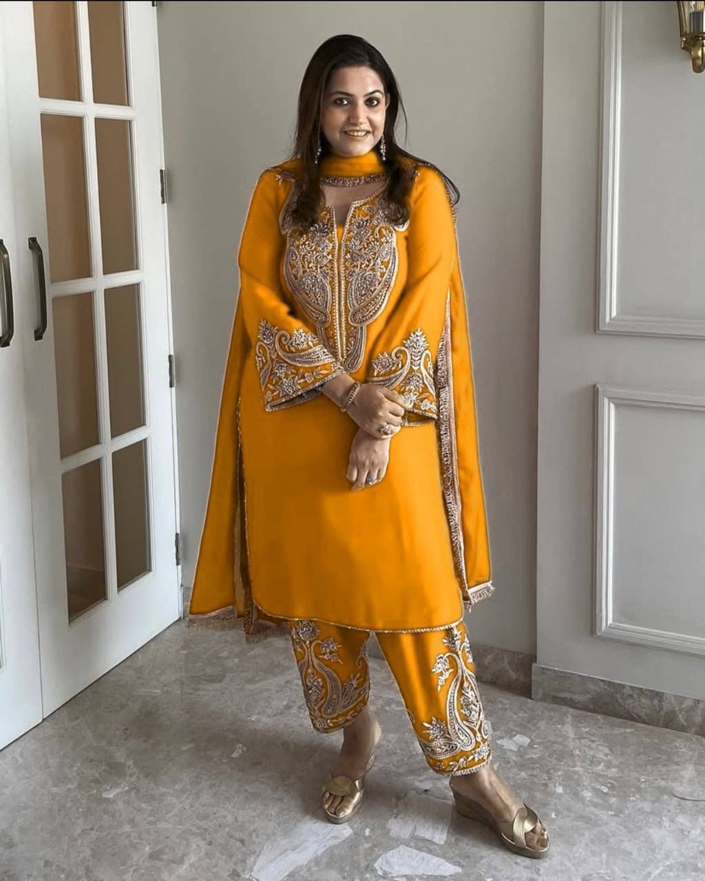 Yellow Chinnon Silk With Sequence Salwar Suit