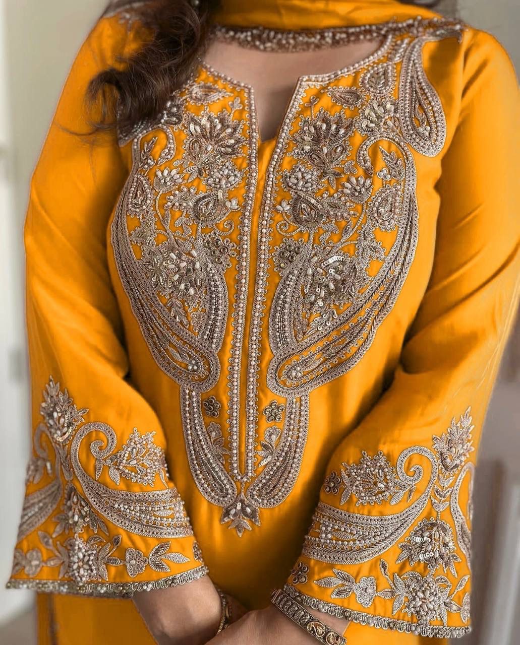 Yellow Chinnon Silk With Sequence Salwar Suit - Image 4