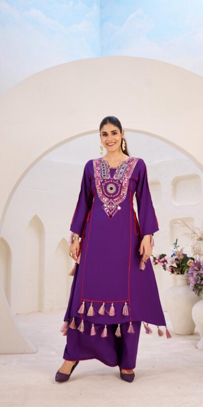 Purple Rayon Thread With Real Mirror Work Salwar Suit