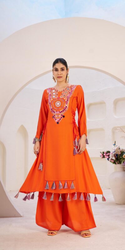 Orange Rayon Thread With Real Mirror Work Salwar Suit