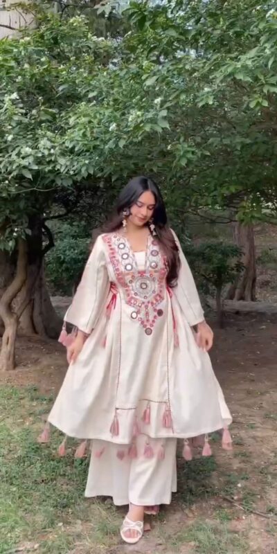 White Rayon Thread With Real Mirror Work Salwar Suit