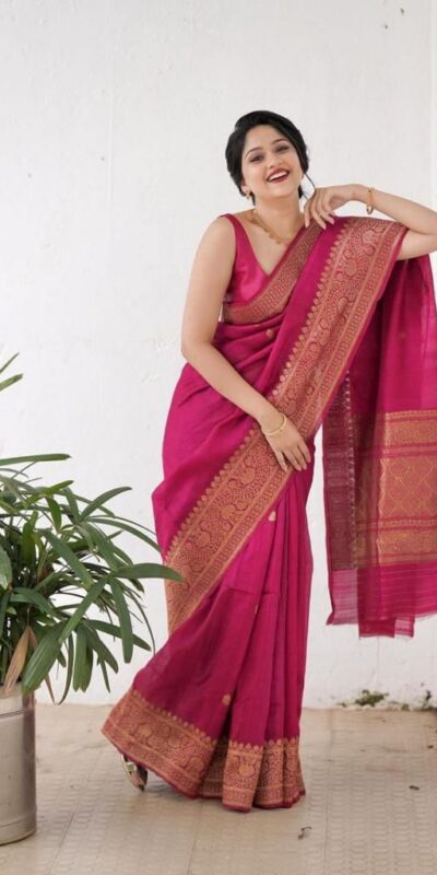 Pink Soft Lichi Silk All Over Saree