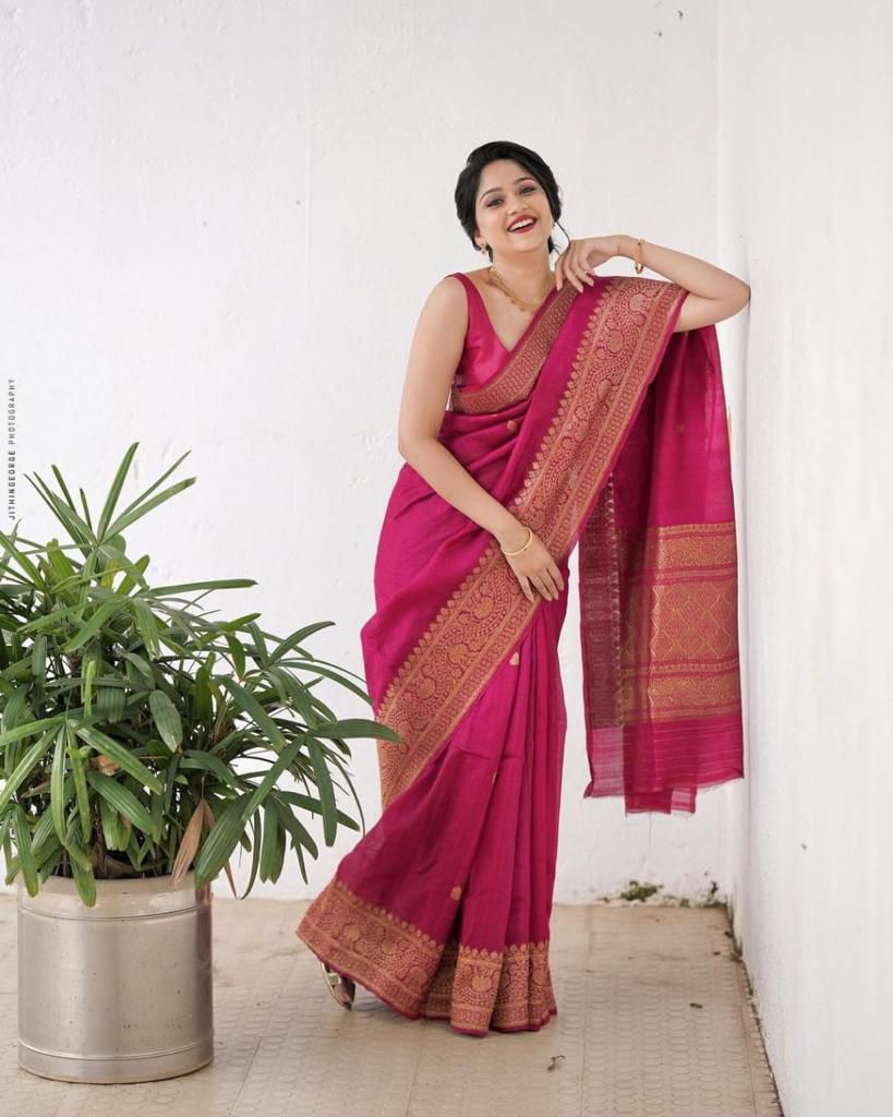 Pink Soft Lichi Silk All Over Saree