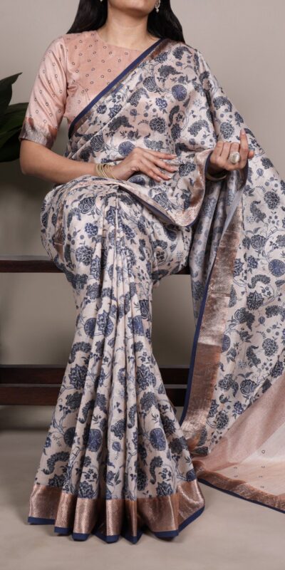Off White Tasar Silk With Printed Viscose Border Saree