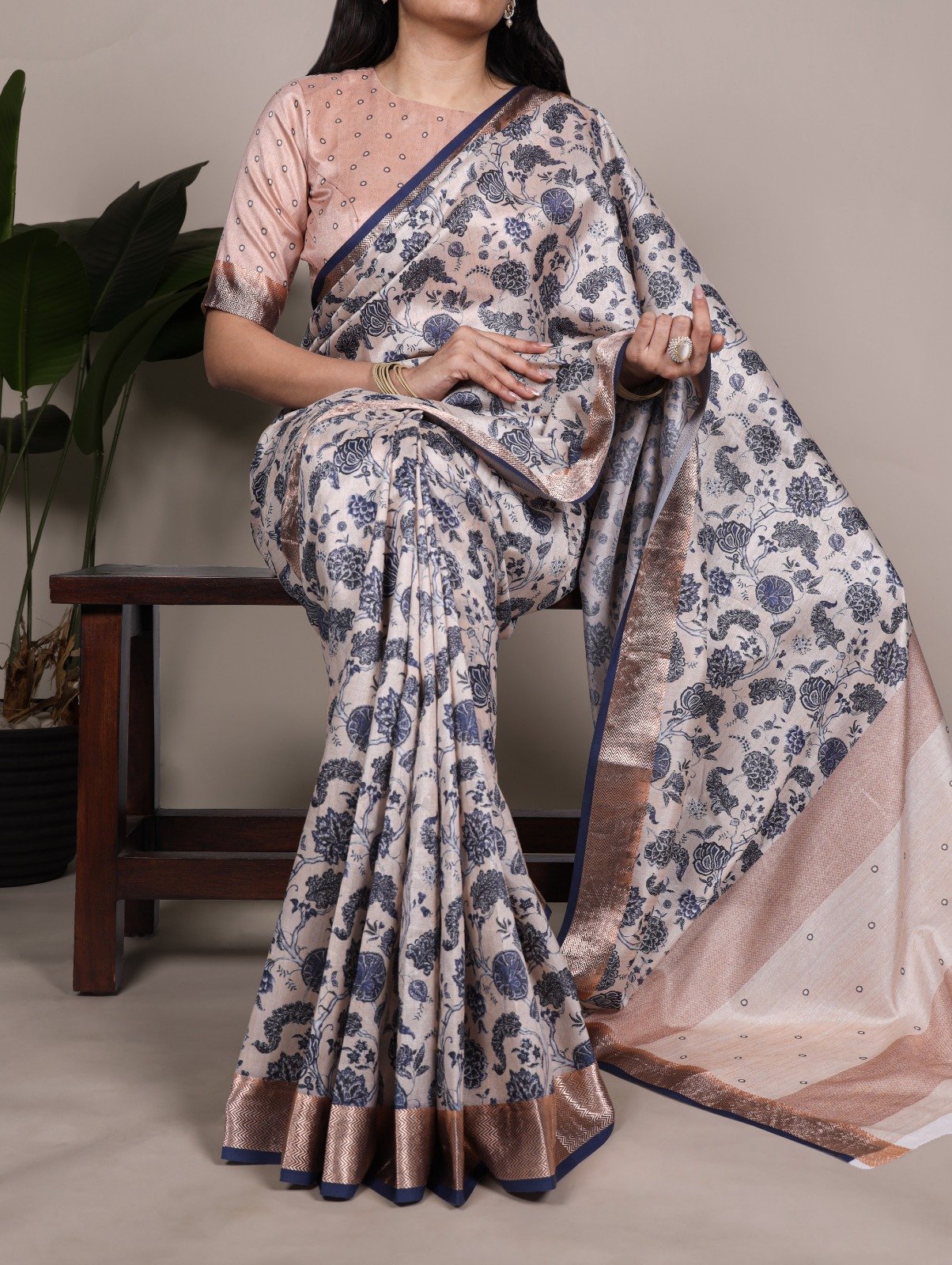 Off White Tasar Silk With Printed Viscose Border Saree