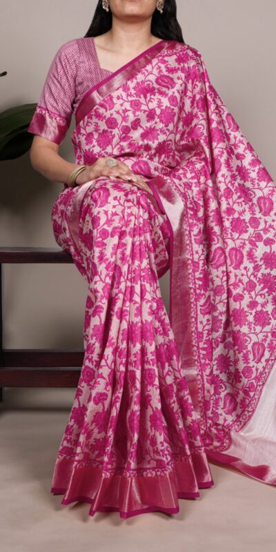 Pink Tasar Silk With Printed Viscose Border Saree
